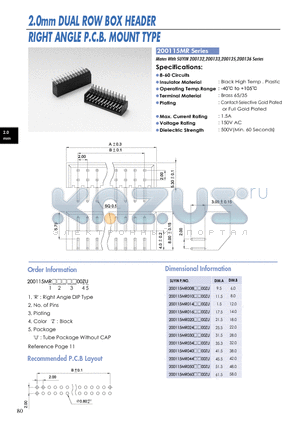 200115MR datasheet - 2.0mm DUAL ROW BOX HEADER RIGHT ANGLE P.C.B. MOUNT TYPE