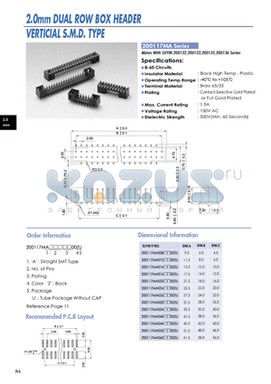 200117MA datasheet - 2.0mm DUAL ROW BOX HEADER VERTICIAL S.M.D. TYPE