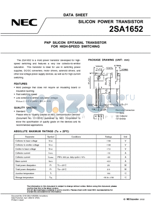 2SA1652 datasheet - PNP SILICON EPITAXIAL TRANSISTOR FOR HIGH-SPEED SWITCHING