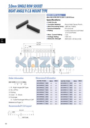 200130FR datasheet - 2.0mm SINGLE ROW SOCKET RIGHT ANGLE P.C.B MOUNT TYPE
