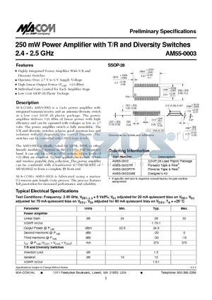 AM55-0003 datasheet - 250 mW Power Amplifier with T/R and Diversity Switches 2.4 - 2.5 GHz