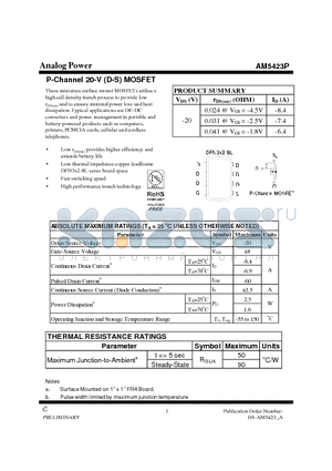 AM5423P datasheet - P-Channel 20-V (D-S) MOSFET