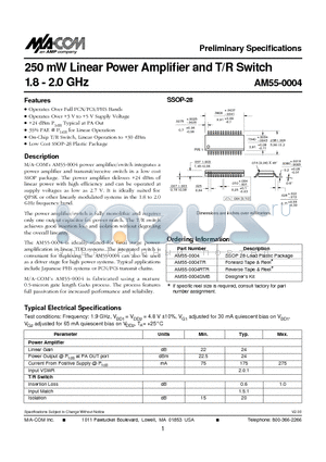 AM55-0004SMB datasheet - 250 mW Linear Power Amplifier and T/R Switch 1.8 - 2.0 GHz