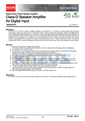 BD5451EFV datasheet - Class-D Speaker Amplifier for Digital Input