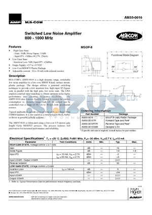 AM55-0016 datasheet - Switched Low Noise Amplifier 800 - 1000 MHz