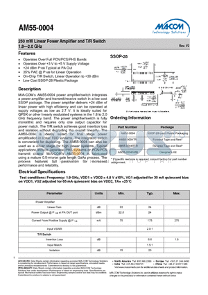 AM55-0004TR datasheet - 250 mW Linear Power Amplifier and T/R Switch 1.8-2.0 GHz
