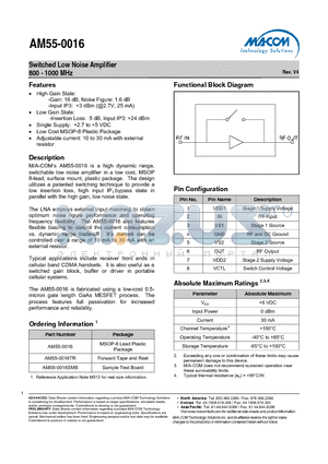 AM55-0016 datasheet - Switched Low Noise Amplifier 800 - 1000 MHz