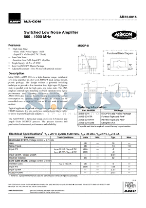 AM55-0016RTR datasheet - Switched Low Noise Amplifier 800 - 1000 MHz