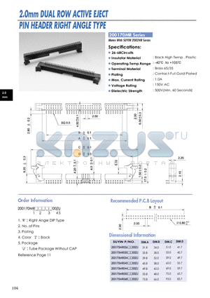 200170MR datasheet - 2.0mm DUAL ROW ACTIVE EJECT PIN HEADER RIGHT ANGLE TYPE