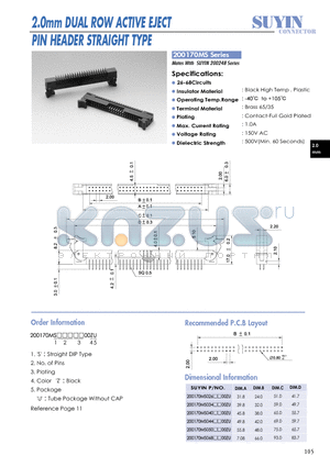 200170MS datasheet - 2.0mm DUAL ROW ACTIVE EJECT PIN HEADER STRAIGHT TYPE