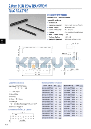 200175MI datasheet - 2.0mm DUAL ROW TRANSITION PLUG I.D.C.TYPE