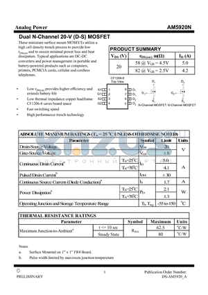 AM5920N datasheet - Dual N-Channel 20-V (D-S) MOSFET