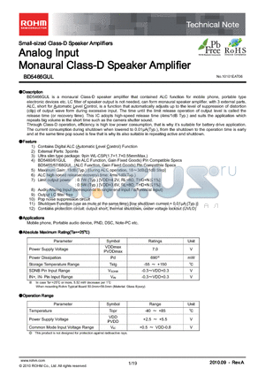 BD5466GUL datasheet - Analog Input Monaural Class-D Speaker Amplifier