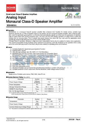 BD5468GUL datasheet - Analog Input Monaural Class-D Speaker Amplifier