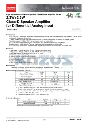 BD5471MUV datasheet - 2.3W2.3W Class-D Speaker Amplifier for Differential Analog input