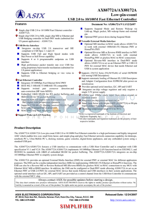 AX88772A datasheet - USB 2.0 to 10/100M Fast Ethernet Controller