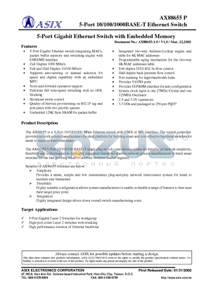 AX88655P datasheet - 5-Port 10/100/1000BASE-T Ethernet Switch