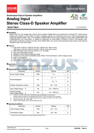 BD5471MUV-E2 datasheet - Analog Input Stereo Class-D Speaker Amplifier