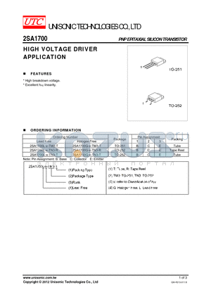 2SA1700 datasheet - HIGH VOLTAGE DRIVER APPLICATION