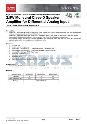 BD5632NUX datasheet - 2.5W Monaural Class-D Speaker Amplifier for Differential Analog Input