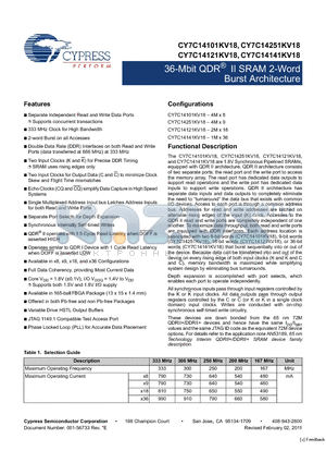 CY7C14121KV18-300BZXC datasheet - 36-Mbit QDR^ II SRAM 2-Word Burst Architecture