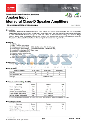 BD5632NUX datasheet - Analog Input Monaural Class-D Speaker Amplifiers