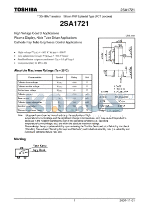 2SA1721 datasheet - High Voltage Control Applications Plasma Display, Nixie Tube Driver Applications Cathode Ray Tube Brightness Control Applications