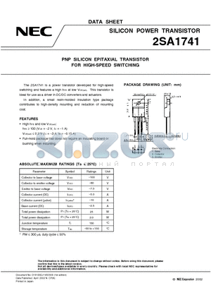 2SA1741 datasheet - PNP SILICON EPITAXIAL TRANSISTOR FOR HIGH-SPEED SWITCHING