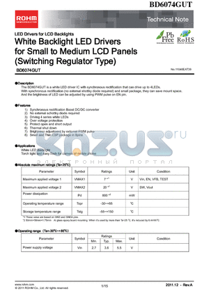 BD6074GUT-E2 datasheet - White Backlight LED Drivers for Small to Medium LCD Panels (Switching Regulator Type)