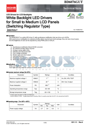 BD6076GUT-E2 datasheet - White Backlight LED Drivers for Small to Medium LCD Panels (Switching Regulator Type)