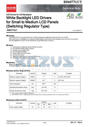 BD6077GUT datasheet - White Backlight LED Drivers for Small to Medium LCD Panels (Switching Regulator Type)