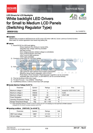 BD60910GU datasheet - White backlight LED Drivers for Small to Medium LCD Panels (Switching Regulator Type)