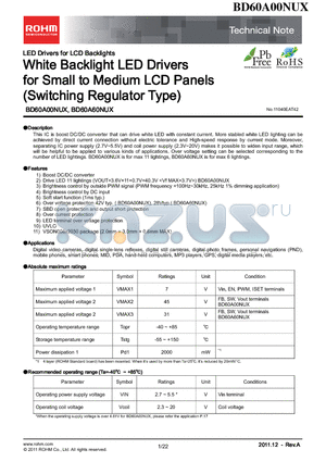 BD60A00NUX datasheet - White Backlight LED Drivers for Small to Medium LCD Panels (Switching Regulator Type)