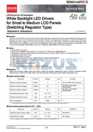 BD60A60NUX datasheet - White Backlight LED Drivers for Small to Medium LCD Panels (Switching Regulator Type)