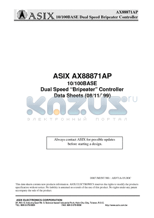 AX88871AP datasheet - 10/100BASE Dual Speed Bripeater Controller