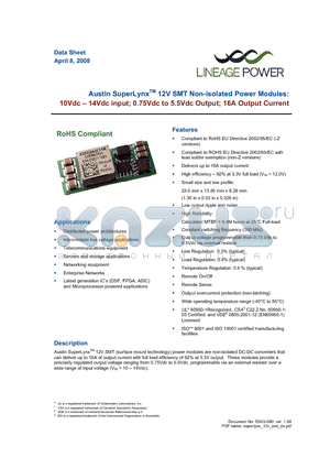 AXA016A0X3-SR datasheet - 10 - 14Vdc input; 0.75Vdc to 5.5Vdc Output; 16A output current