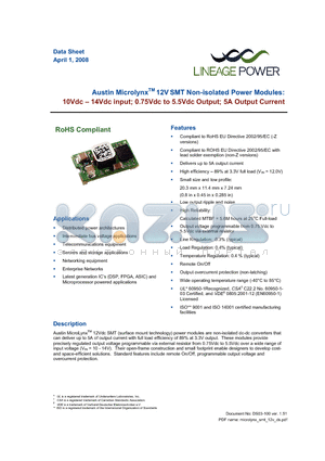 AXA005A0X-SRZ datasheet - 10 - 14Vdc input; 0.75Vdc to 5.5Vdc Output; 5A output current