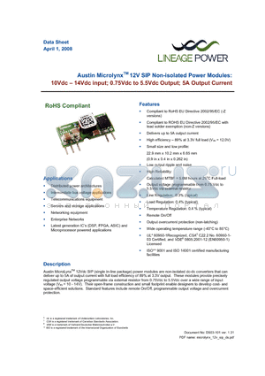 AXA005A0XZ datasheet - 10 - 14Vdc input; 0.75Vdc to 5.5Vdc Output; 5A output current