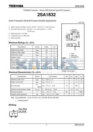 2SA1832 datasheet - Audio Frequency General Purpose Amplifier Applications