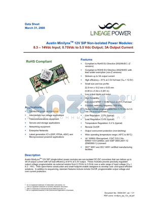 AXA003A0X datasheet - 8.3 - 14Vdc Input; 0.75Vdc to 5.5Vdc Output; 3A output current