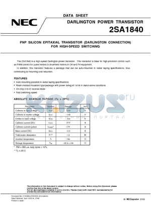 2SA1840 datasheet - PNP SILICON EPITAXIAL TRANSISTOR (DARLINGTON CONNECTION) FOR HIGH-SPEED SWITCHING