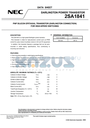 2SA1841 datasheet - PNP SILICON EPITAXIAL TRANSISTOR (DARLINGTON CONNECTION) FOR HIGH-SPEED SWITCHING