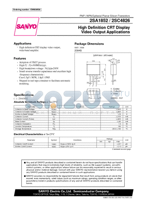 2SA1852 datasheet - High Definition CRT Display Video Output Applications