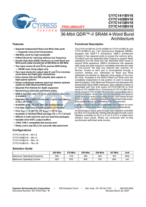 CY7C1415BV18 datasheet - 36-Mbit QDR-II SRAM 4-Word Burst Architecture