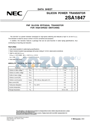 2SA1847 datasheet - PNP SILICON EPITAXIAL TRANSISTOR FOR HIGH-SPEED SWITCHING