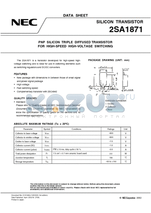 2SA1871 datasheet - PNP SILICON TRIPLE DIFFUSED TRANSISTOR FOR HIGH-SPEED HIGH-VOLTAGE SWITCHING