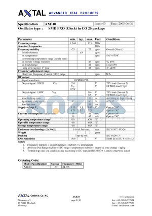 AXE10 datasheet - SMD PXO (Clock) in CO 26 package