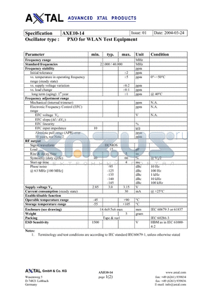 AXE10-14 datasheet - PXO for WLAN Test Equipment