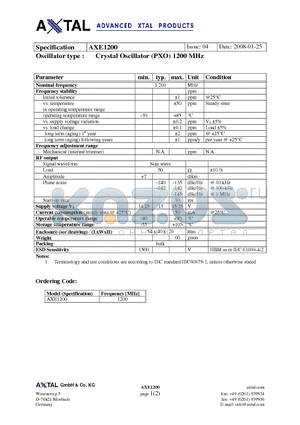 AXE1200 datasheet - Crystal Oscillator (PXO) 1200 MHz