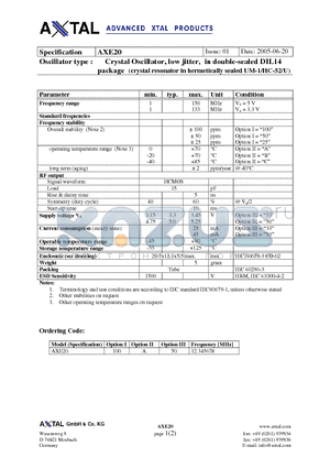 AXE20 datasheet - Crystal Oscillator, low jitter, in double-sealed DIL14 package (crystal resonator in hermetically sealed UM-1/HC-52/U)